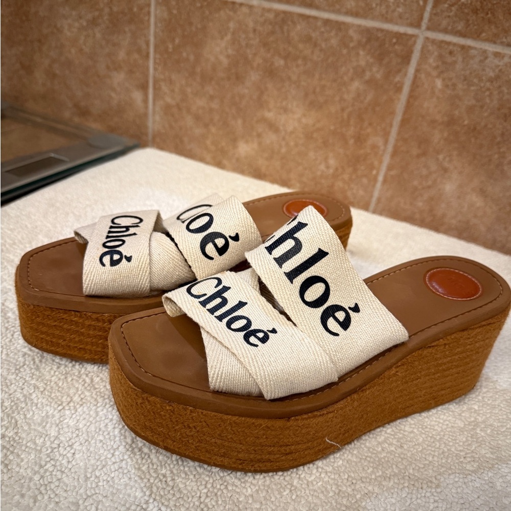 Chloé White Woody Logo Canvas Wedge Espadrilles